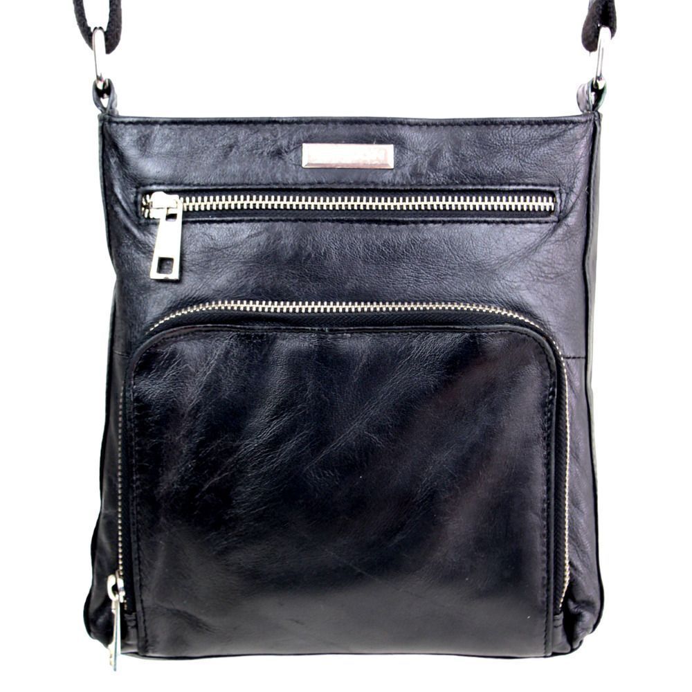 ESTALON BLACK GENUINE LEATHER ZIP TOP CROSSBODY MESSENDGER SHOULDER BAG PURSE